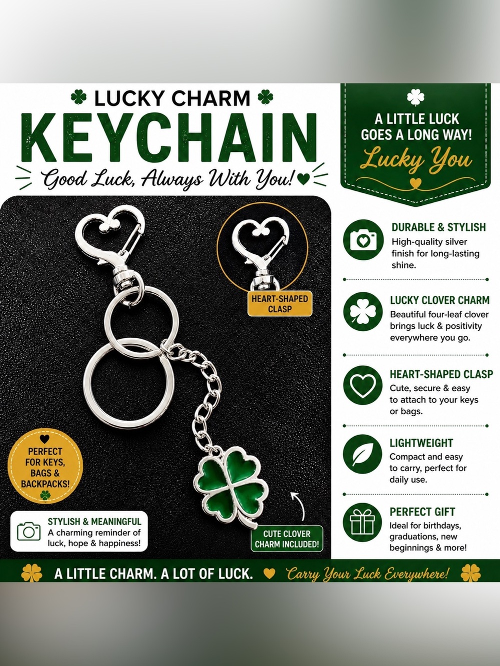 *30off3*‎ Lucky Four-Leaf Clover Keychain.